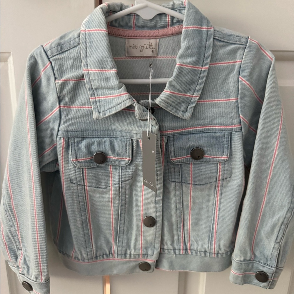 Miki Miette Light Blue Jacket with Pink Stripes